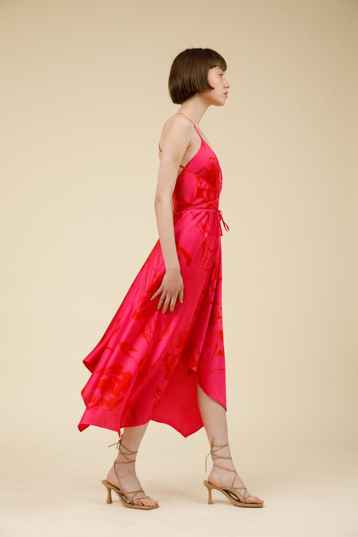 שמלת מידי דייזי בצבע אדום/ורוד - M By Maskit