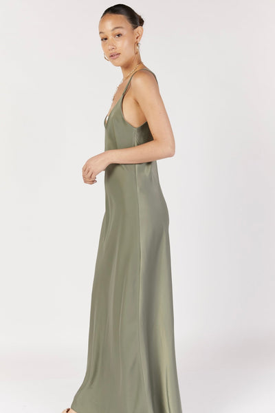 שמלת מקסי סאטן בצבע ירוק זית - Moi Collection